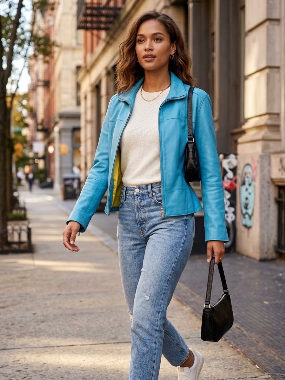 Andrew Marc New York Genuine Leather Moto Jacket–Turquoise Blue & Chartreuse– XS